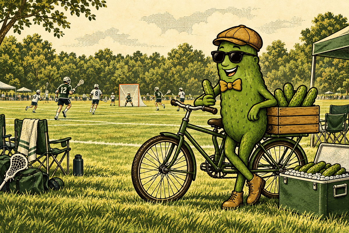 Illustration of the Pickle Peddler and bicycle beside a lacrosse field