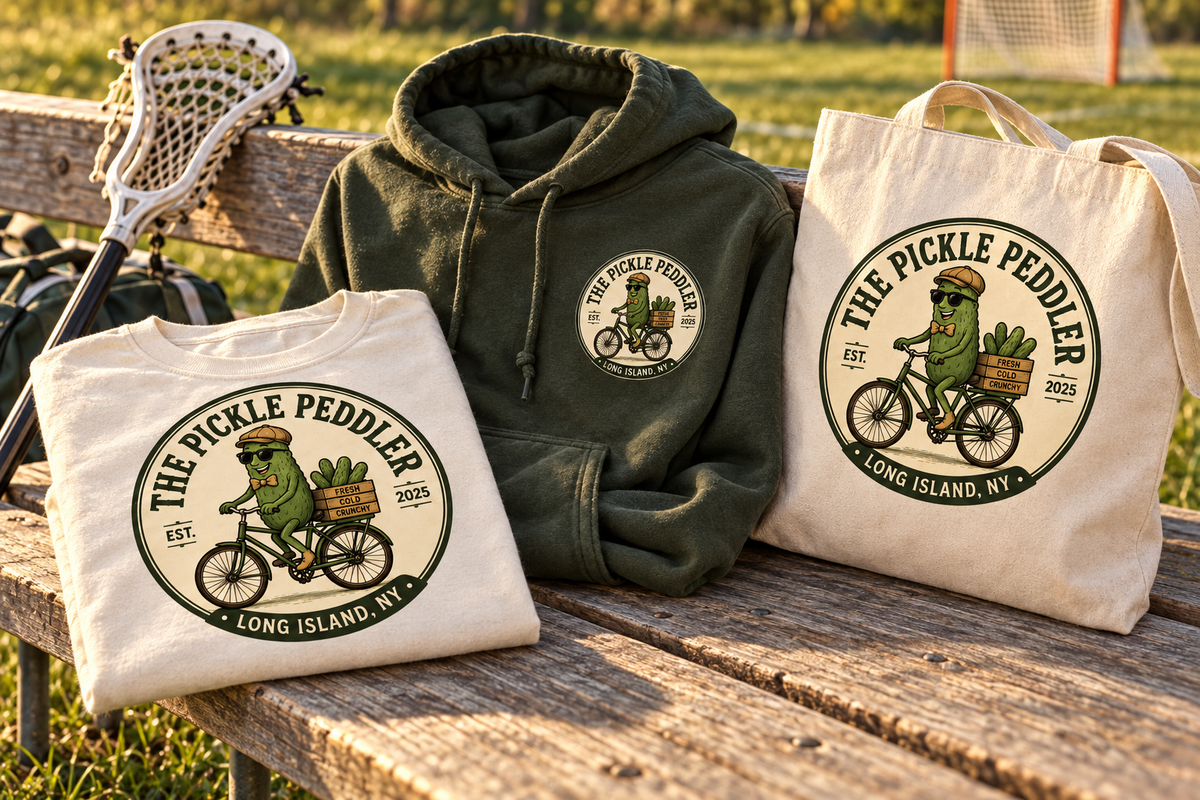 Merch design concepts: badge T-shirt, hoodie and tote at a lacrosse field